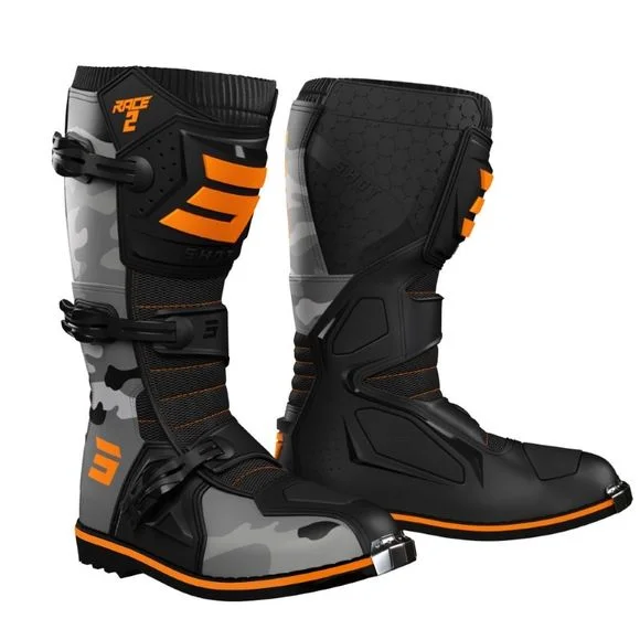 Bottes cross Shot RACE 2 – CAMO NEON ORANGE 2024 – Gris / Orange Ref : SO2230